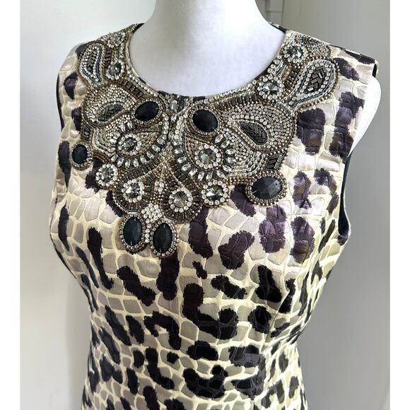 ST. JOHN COUTURE Stunning Luxury Sz 4 Animal Print Beaded Sheath Dress Knee - Picture 2 of 10
